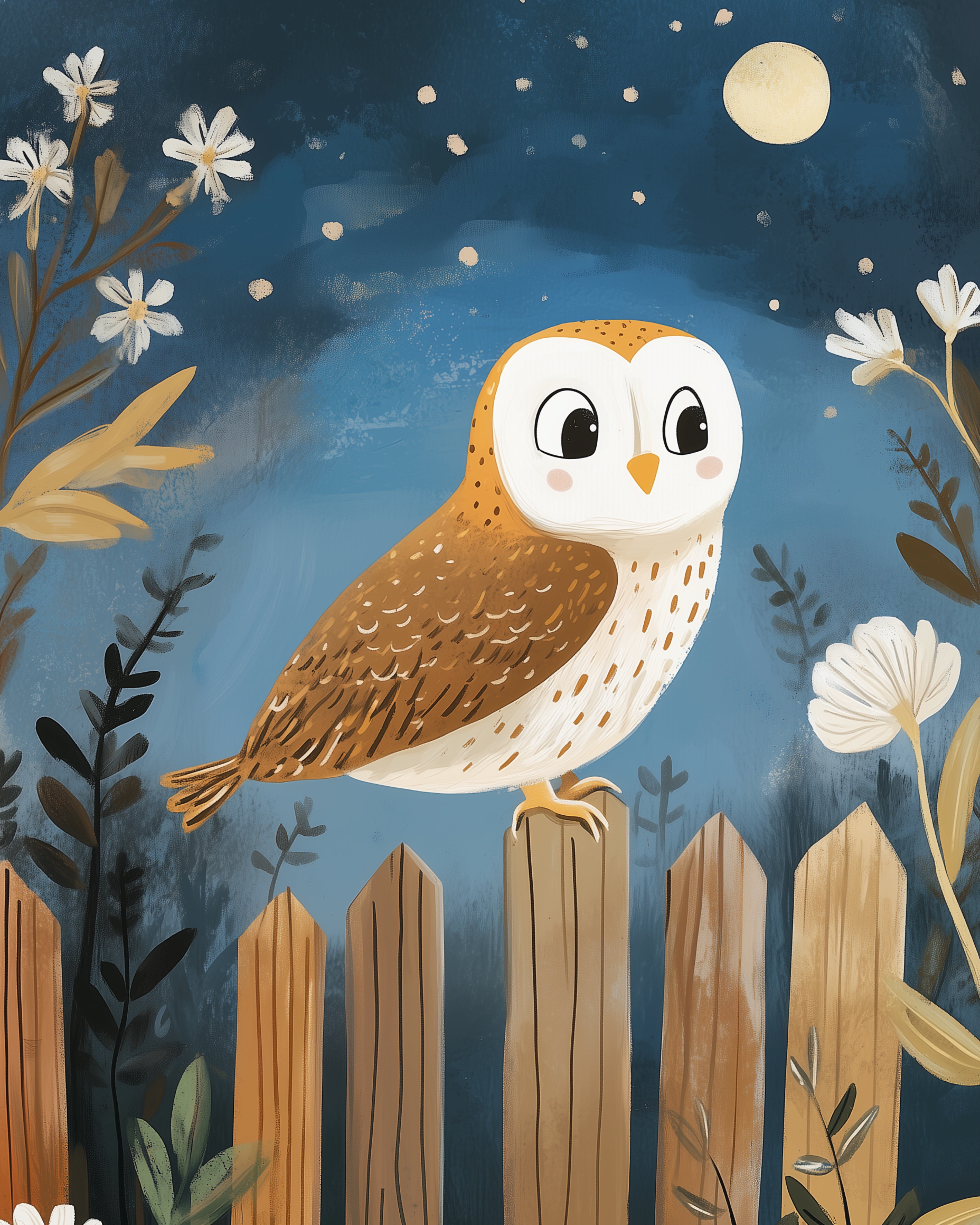  Sweet night scene of a wide-eyed owl perched on a wooden fence, with white flowers and a glowing full moon surrounded by stars in the background.
