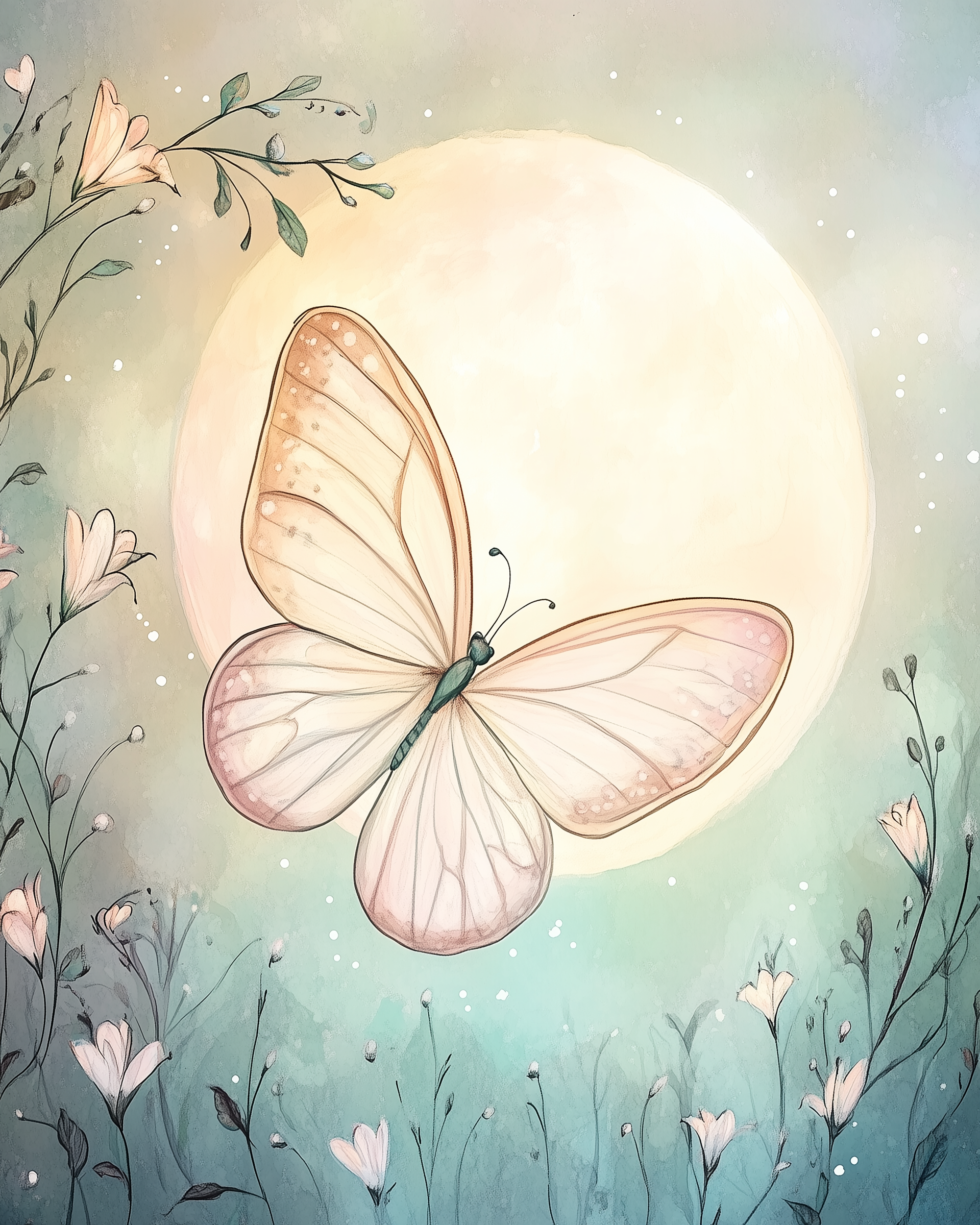 Whimsical Butterfly and Moon Wall Art for Nursery, Playroom or Kids Bedrooms - Soft Wildflower - Moonkissed Wings