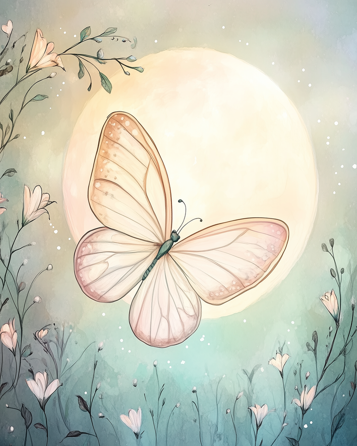 A delicate butterfly with soft pink and cream wings floats in front of a glowing full moon, surrounded by gentle wildflowers and dreamy pastel tones. The scene evokes a sense of calm and enchantment in a magical twilight setting.