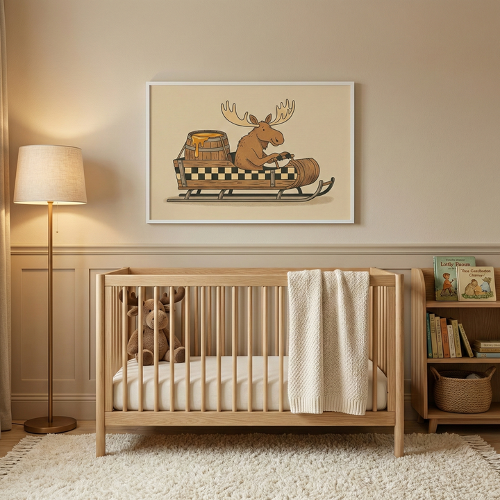 A charming, minimalist moose driving a honey-filled sled wall art hanging above a light wood crib in a warm, Scandi-inspired nursery.