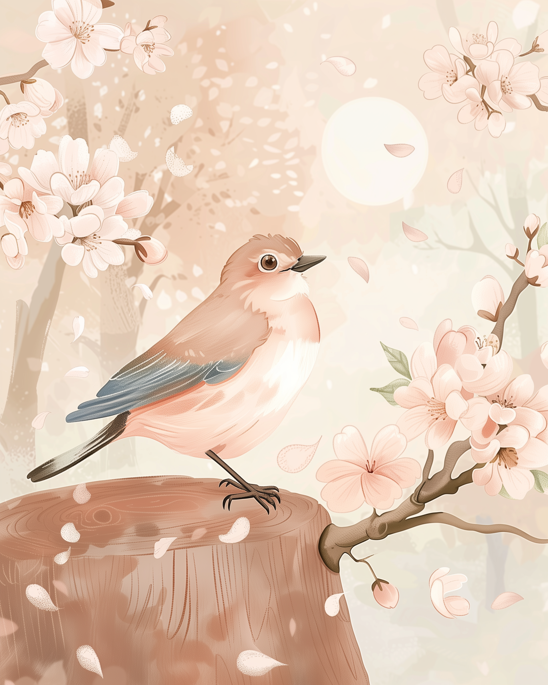 Spring Bird Wall Art for Nursery, Playroom or Kids Bedrooms - Pastel Blossoms and Soft Woodland - Morning Serenade