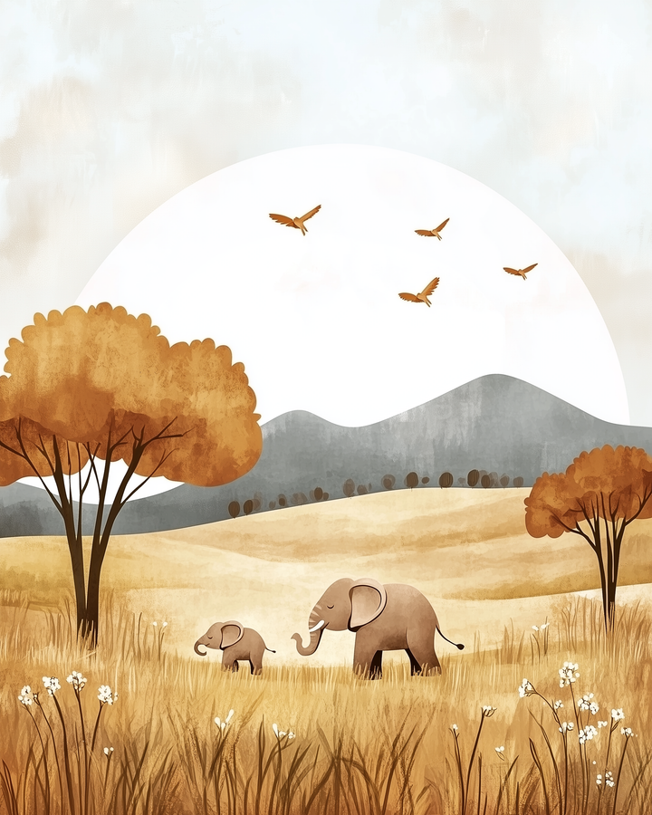 Illustrated scene of a mother and baby elephant walking through golden grass under a pale sky, with orange trees and distant blue-gray mountains in the background. Birds fly across the large white sun.