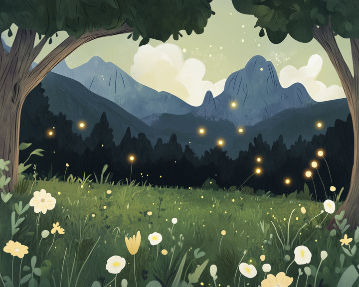 Dreamlike forest clearing at twilight with glowing fireflies scattered across a grassy meadow, framed by trees and mountains in the distance.