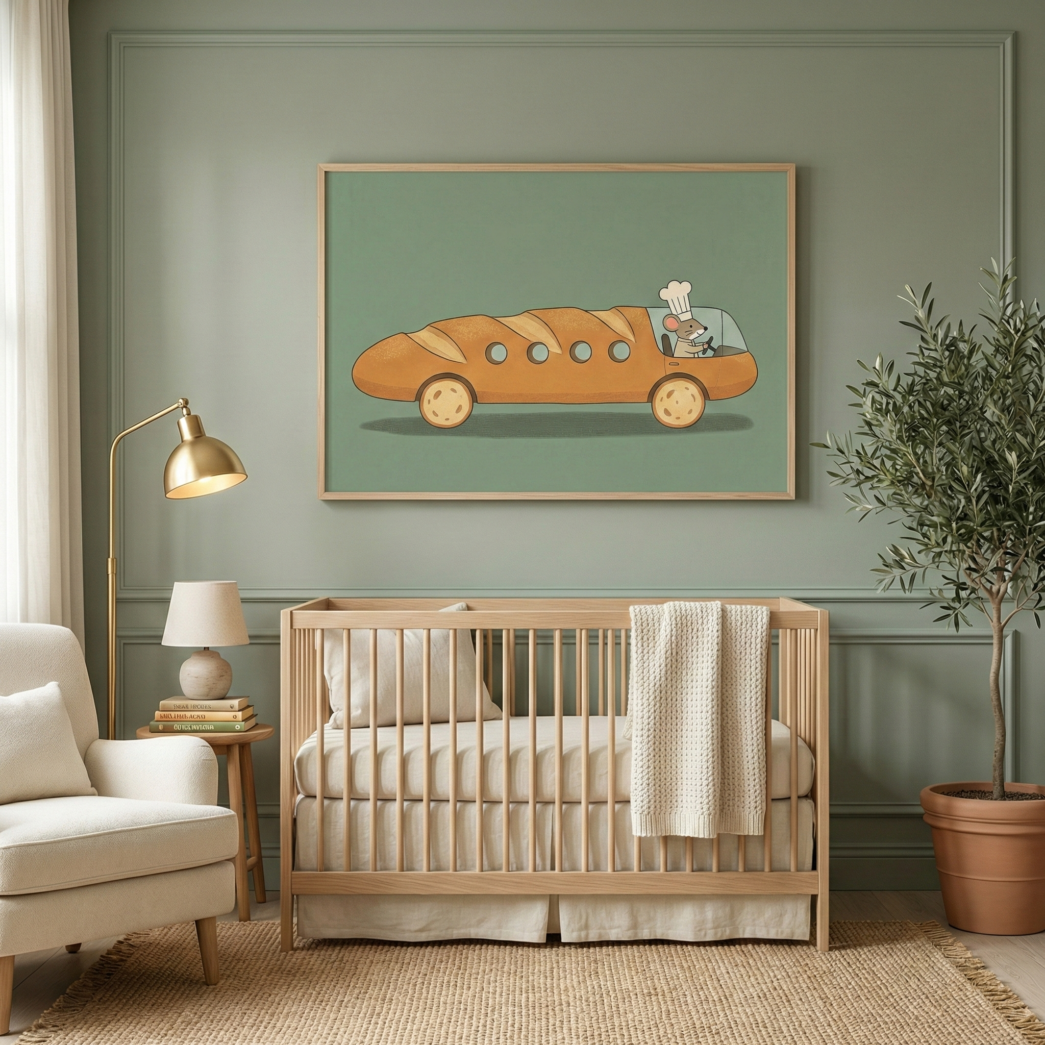 Whimsical mouse driving a baguette car wall art hanging above a light wood crib in a cozy nursery.