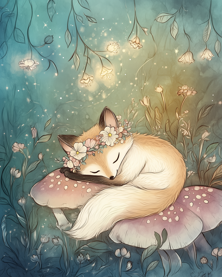 A peaceful fox with soft orange fur and a floral crown sleeps curled up on a large, pink-capped mushroom in a magical forest. Glowing flowers and delicate vines hang above, while the dreamy background sparkles with soft light and enchanted ambiance.