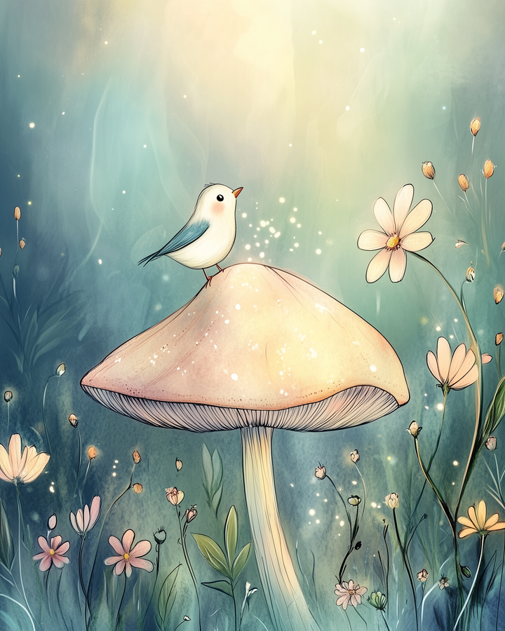 A small white and blue bird perches on top of a softly glowing mushroom surrounded by delicate wildflowers and tall grass. The background is bathed in dreamy pastel light, creating a peaceful, enchanted forest atmosphere.