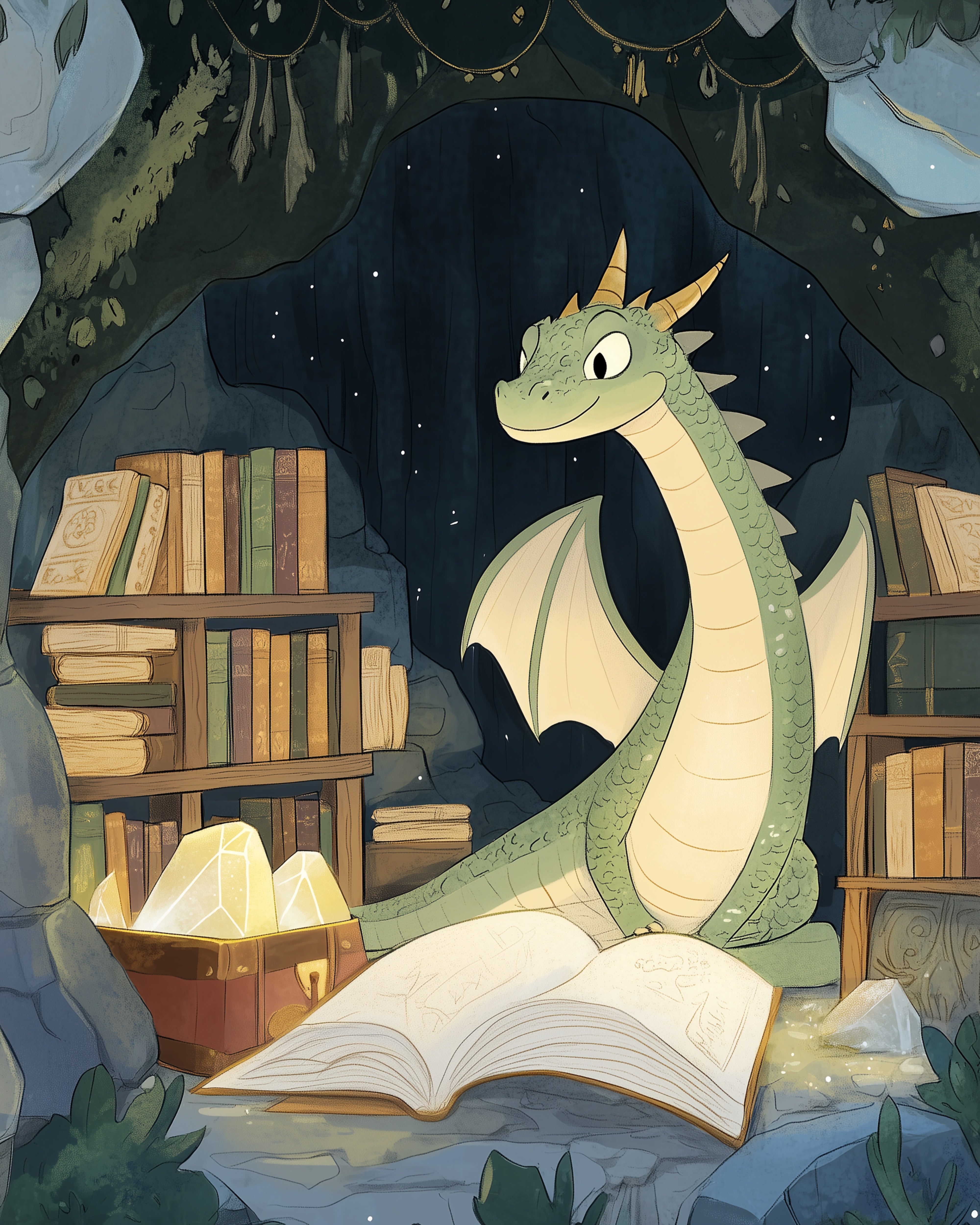 Playful scene of a friendly green dragon sitting inside a cozy cave filled with bookshelves, glowing crystals, and an open storybook under a starry sky.
