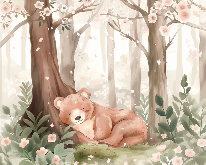 A gentle brown bear sleeps peacefully at the base of a tree in a serene forest filled with soft pink cherry blossoms. Petals float through the air as sunlight filters through the trees, creating a calm and dreamy springtime scene.