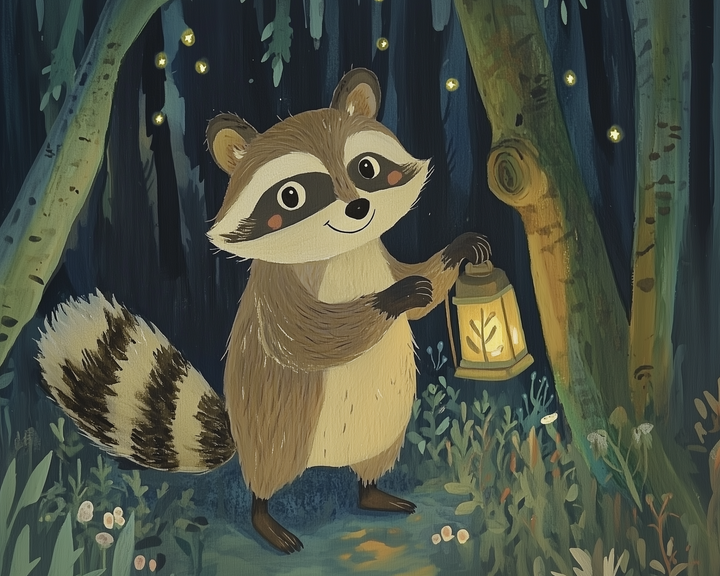 A smiling raccoon holding a glowing lantern stands in a dark forest surrounded by tall trees, leafy plants, and tiny fireflies. The soft light from the lantern casts a warm glow, creating a cozy and magical nighttime scene.