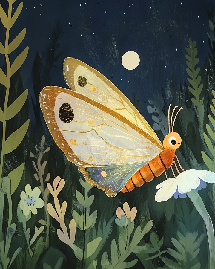 A glowing butterfly with golden and blue-tinted wings rests on a white flower under the night sky, surrounded by lush green leaves and soft moonlight. The scene captures a magical moment of stillness and natural beauty.
