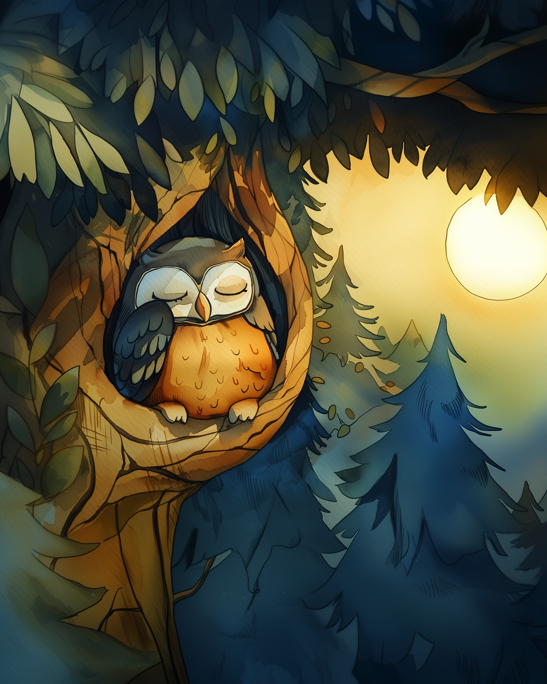A cozy owl with closed eyes sleeps nestled in a tree hollow, surrounded by leafy branches and warm golden light. The full moon glows in the background above a dark forest of pine trees, creating a peaceful nighttime woodland scene.