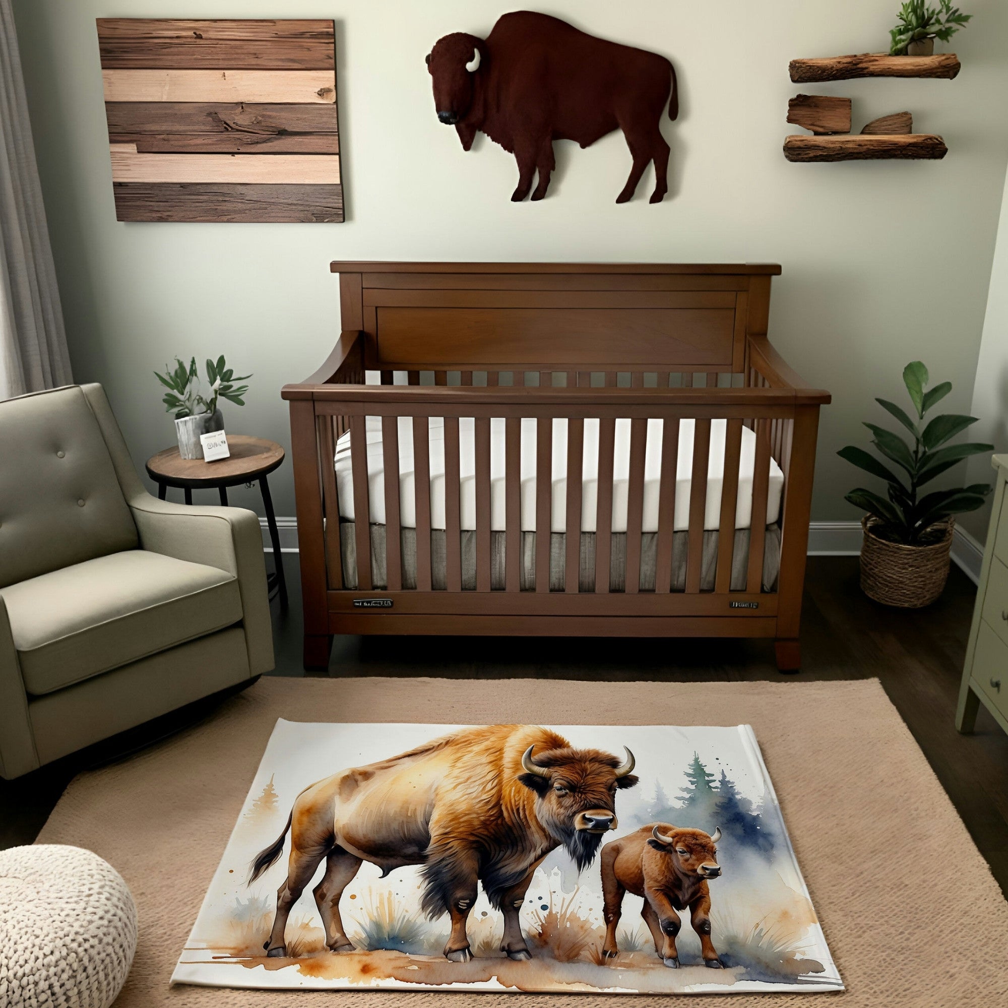 This nursery features a warm, rustic aesthetic with a central watercolor-style rug showcasing a bison and its calf. The larger bison stands protectively beside the smaller one, surrounded by subtle abstract foliage and soft, earthy tones. The space is complemented by wooden decor and natural elements, creating a cozy and nature-inspired ambiance.