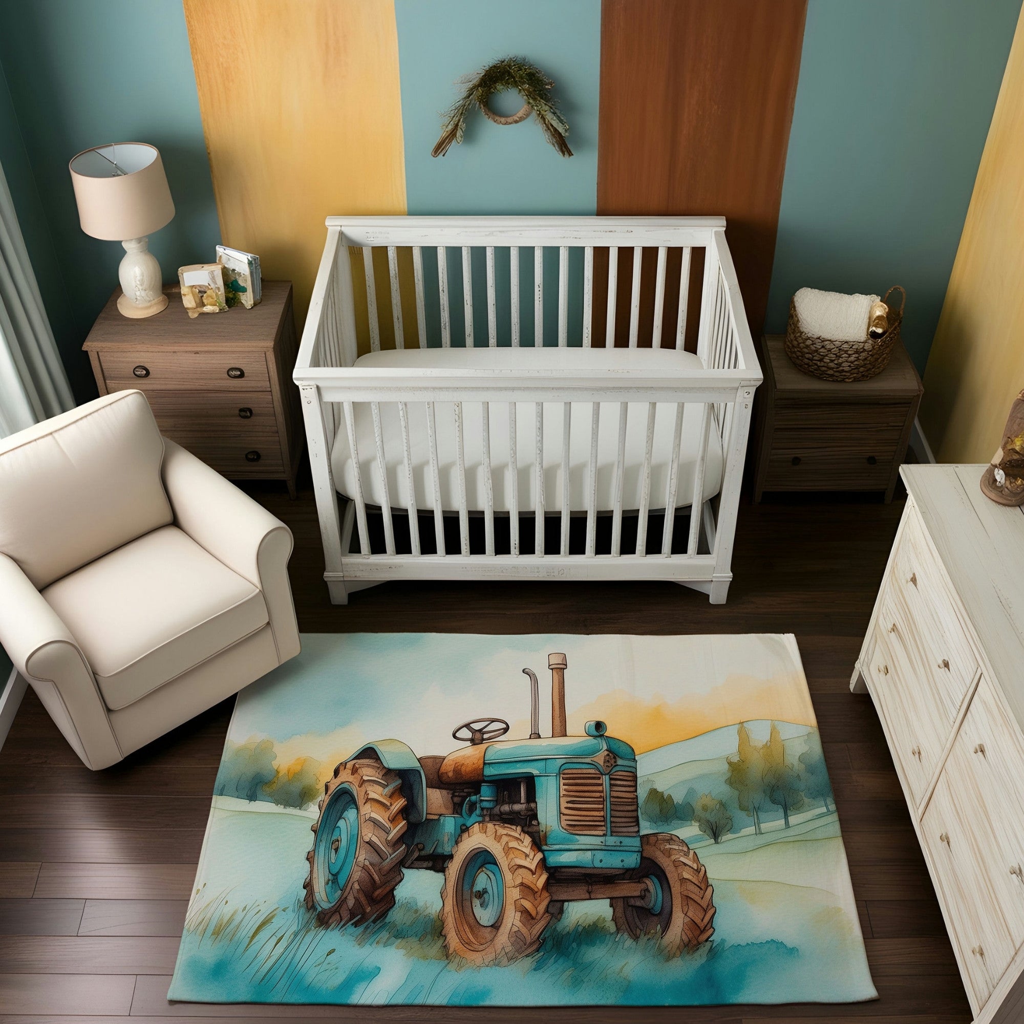 A farmhouse-inspired nursery with a white crib, natural wood furniture, and a cream armchair. The room is styled with a rustic wreath on the wall and a colorful rug featuring a watercolor-style illustration of a vintage blue tractor on a grassy field, set against a soft landscape of hills and trees.