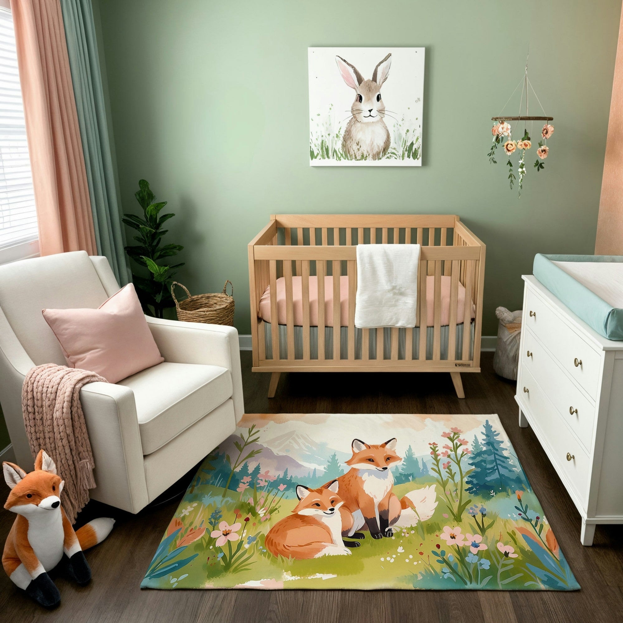 A cozy nursery with pastel tones featuring a light wood crib with a soft pink mattress, a white rocking chair with a pink pillow and blanket, and a fox-themed area rug. The walls are sage green with a framed painting of a rabbit and a floral mobile hanging nearby. A plush fox toy and natural accents, like a woven basket and greenery, complete the serene woodland theme.