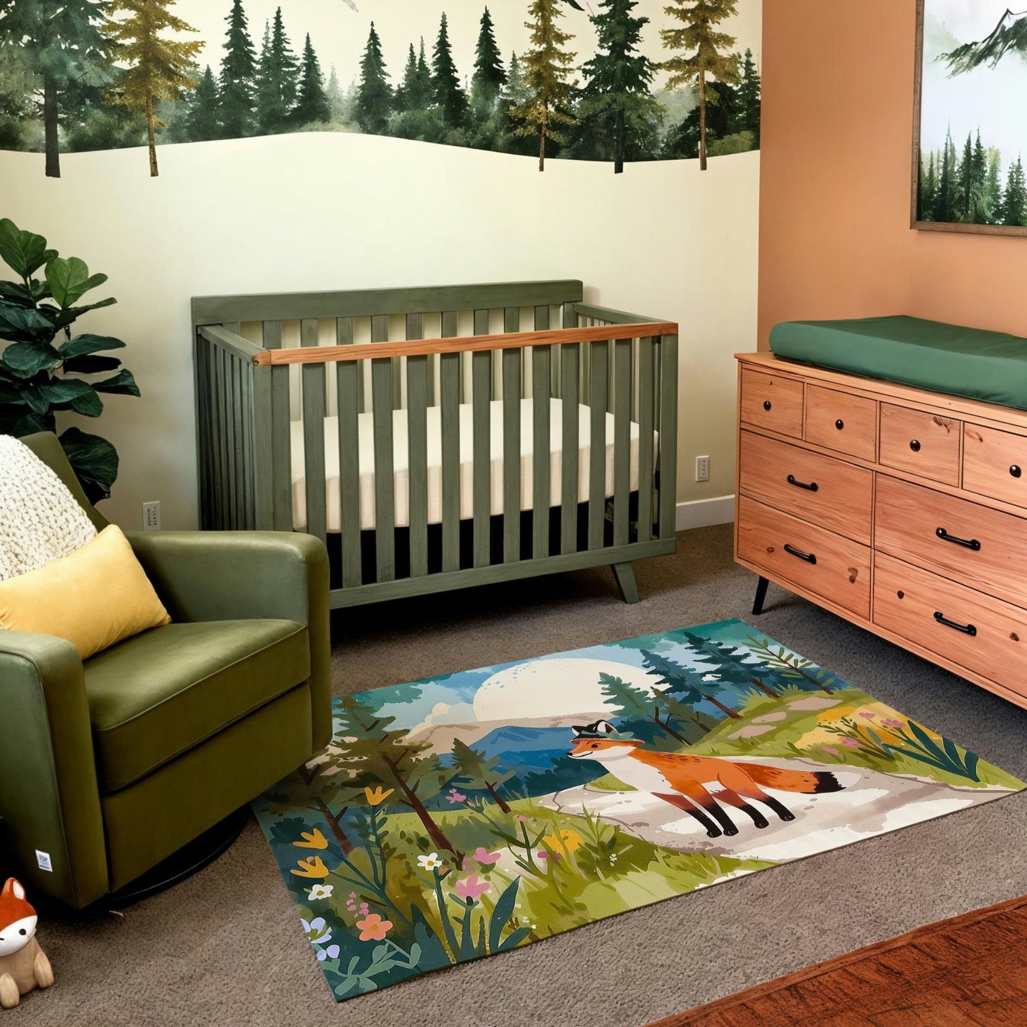 A woodland-themed nursery featuring a green crib and a natural wood dresser with a green changing pad, set against a wall with a forest mural. The room includes an olive-green armchair with a yellow pillow and a cozy knit blanket, along with a whimsical area rug depicting a fox in a vibrant meadow surrounded by trees and wildflowers. The warm tones and nature-inspired details create a serene and inviting atmosphere.