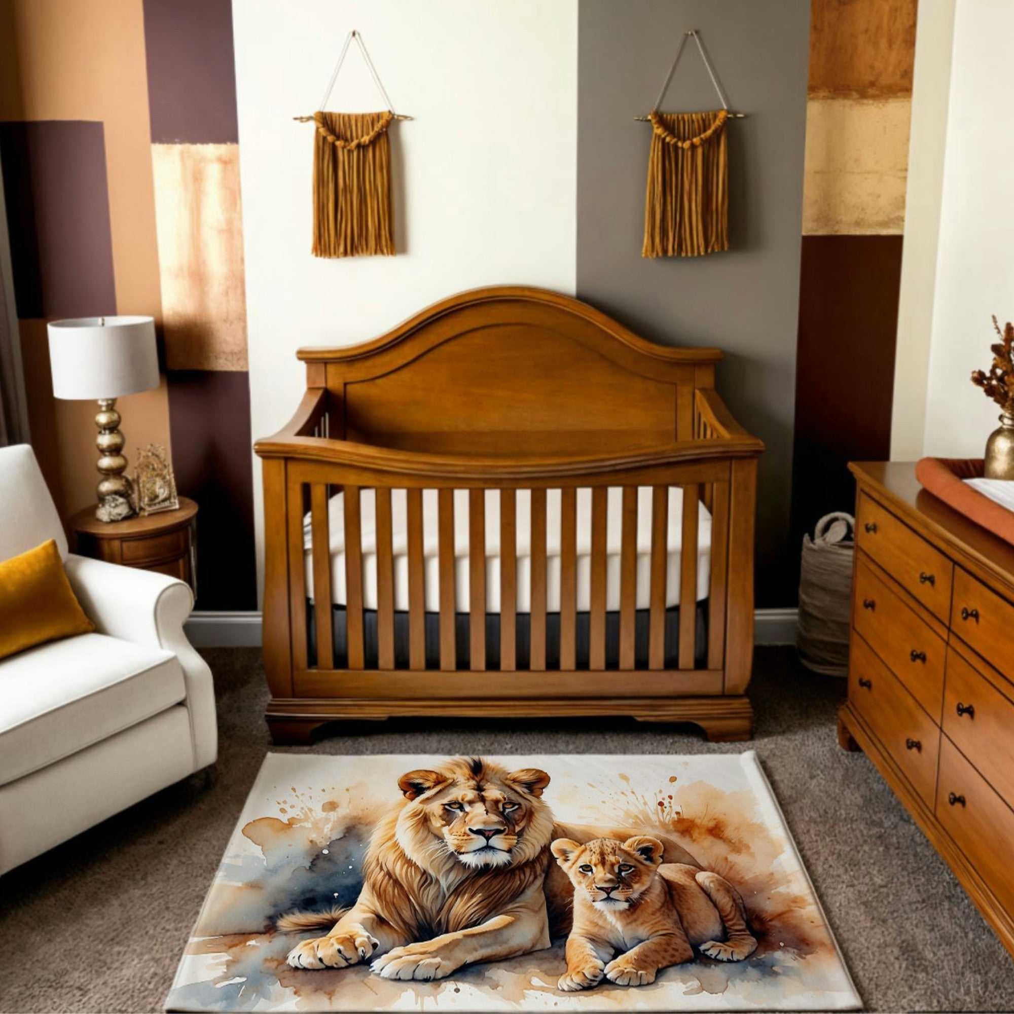 A warm and inviting nursery featuring a wooden crib with a rich brown finish, set against a color-blocked wall with earth tones and two macrame wall hangings. On the floor is a watercolor-style rug depicting a majestic lion and its cub lounging together, surrounded by soft splashes of neutral colors. The room exudes a cozy, safari-inspired aesthetic.