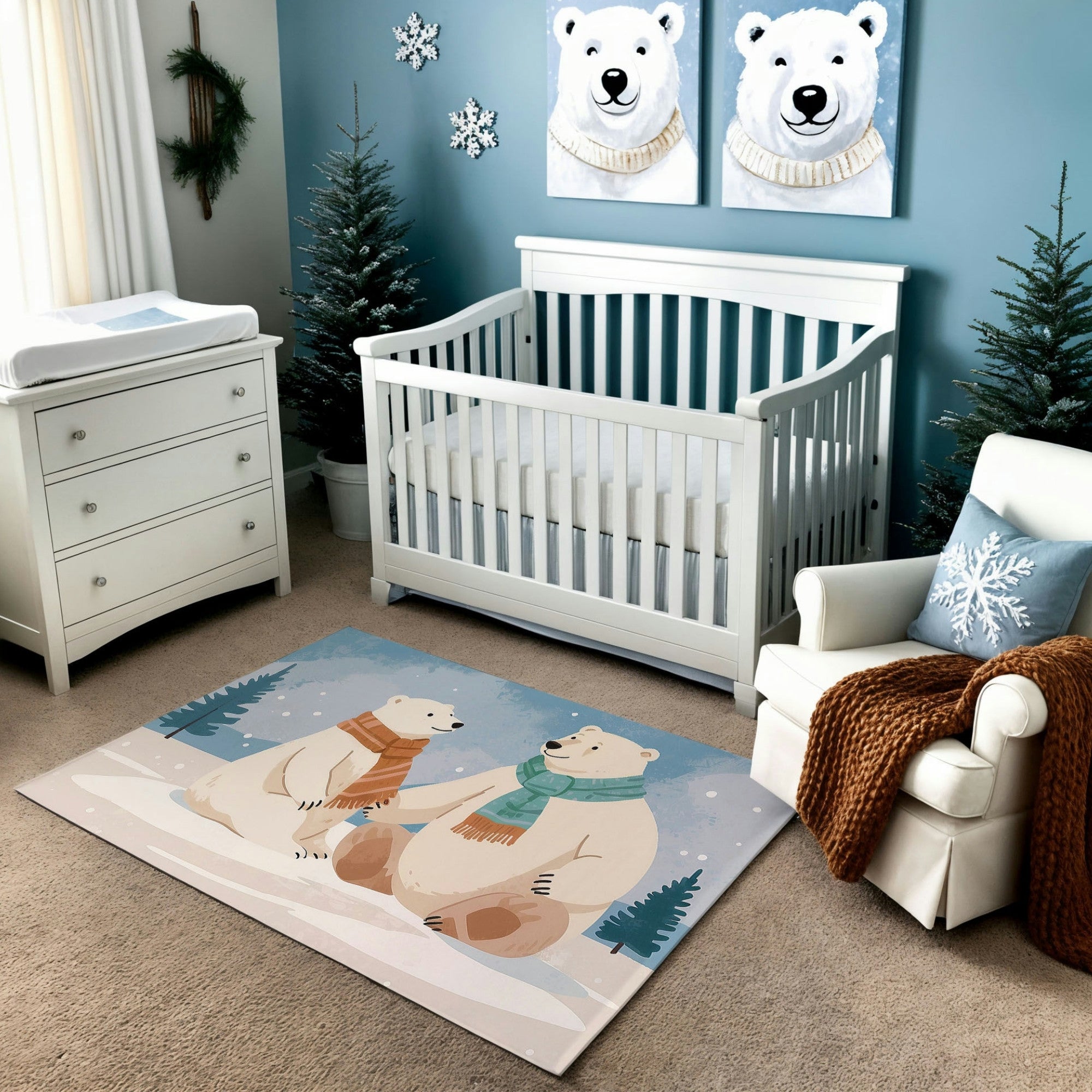 A cozy nursery decorated with a winter theme, featuring two polar bear illustrations on the wall and a snowy forest scene. The room includes a white crib, a dresser, and a cream armchair with a snowflake pillow and an orange knit throw. The rug depicts two polar bears wearing scarves, seated together on snow with a backdrop of pine trees and snowflakes.