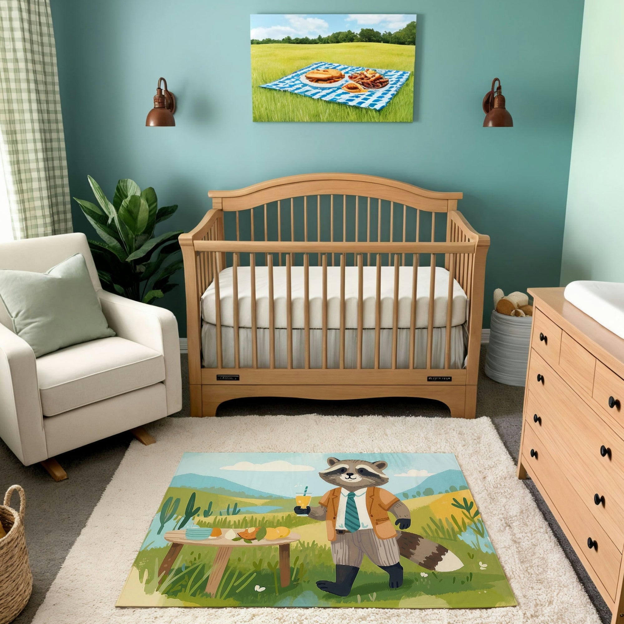 A cozy nursery featuring a natural wood crib, a white armchair with a mint green pillow, and a matching dresser with a changing pad. The decor includes a vibrant picnic-themed wall art and green gingham curtains, complemented by a plush area rug. The rug showcases an illustration of a dapper raccoon in a suit enjoying a picnic in a lush meadow, adding a whimsical and playful touch to the room.