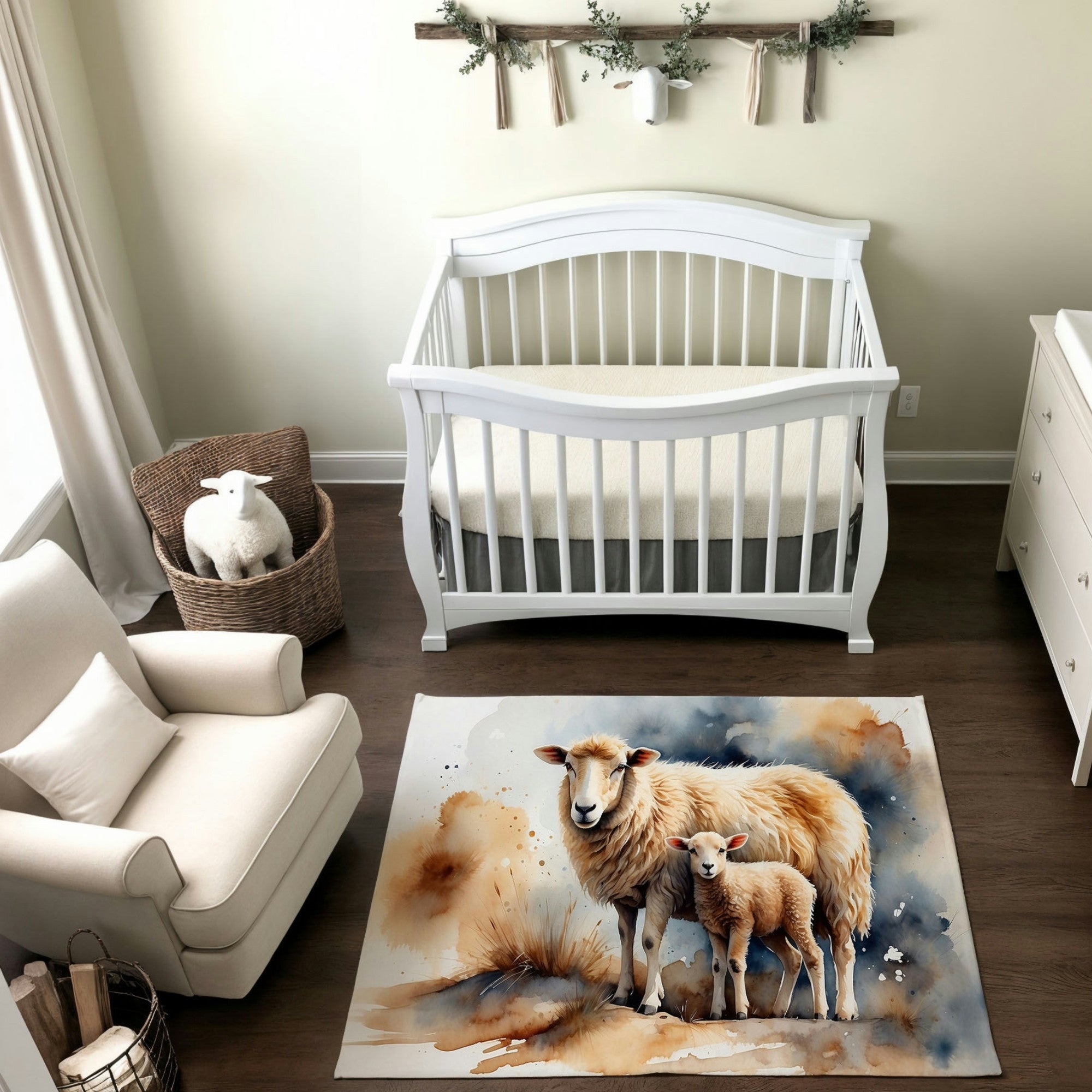 A serene nursery featuring a white crib with elegant curves, accented by a neutral palette. The room includes a cozy armchair, wicker baskets with a plush sheep toy, and soft cream curtains. The centerpiece is a watercolor-style rug illustrating a sheep and its lamb, surrounded by earthy and blue tones, adding a rustic and pastoral charm to the space.