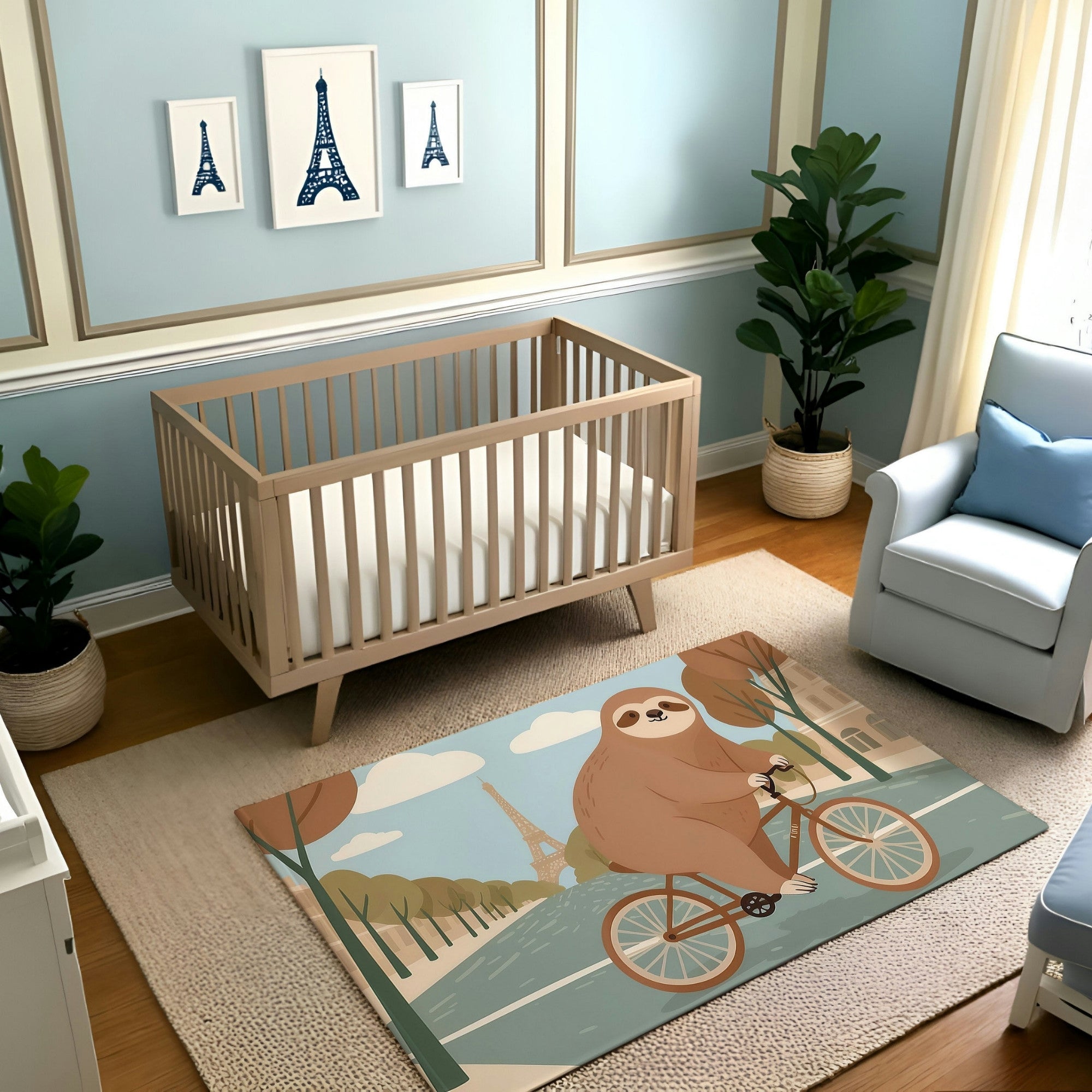 A cozy nursery with pastel blue walls featuring three framed Eiffel Tower artworks. The room includes a wooden crib, a white armchair with a blue cushion, and a whimsical rug depicting a sloth riding a bicycle with the Eiffel Tower in the background. Potted plants add a fresh, natural touch to the room.