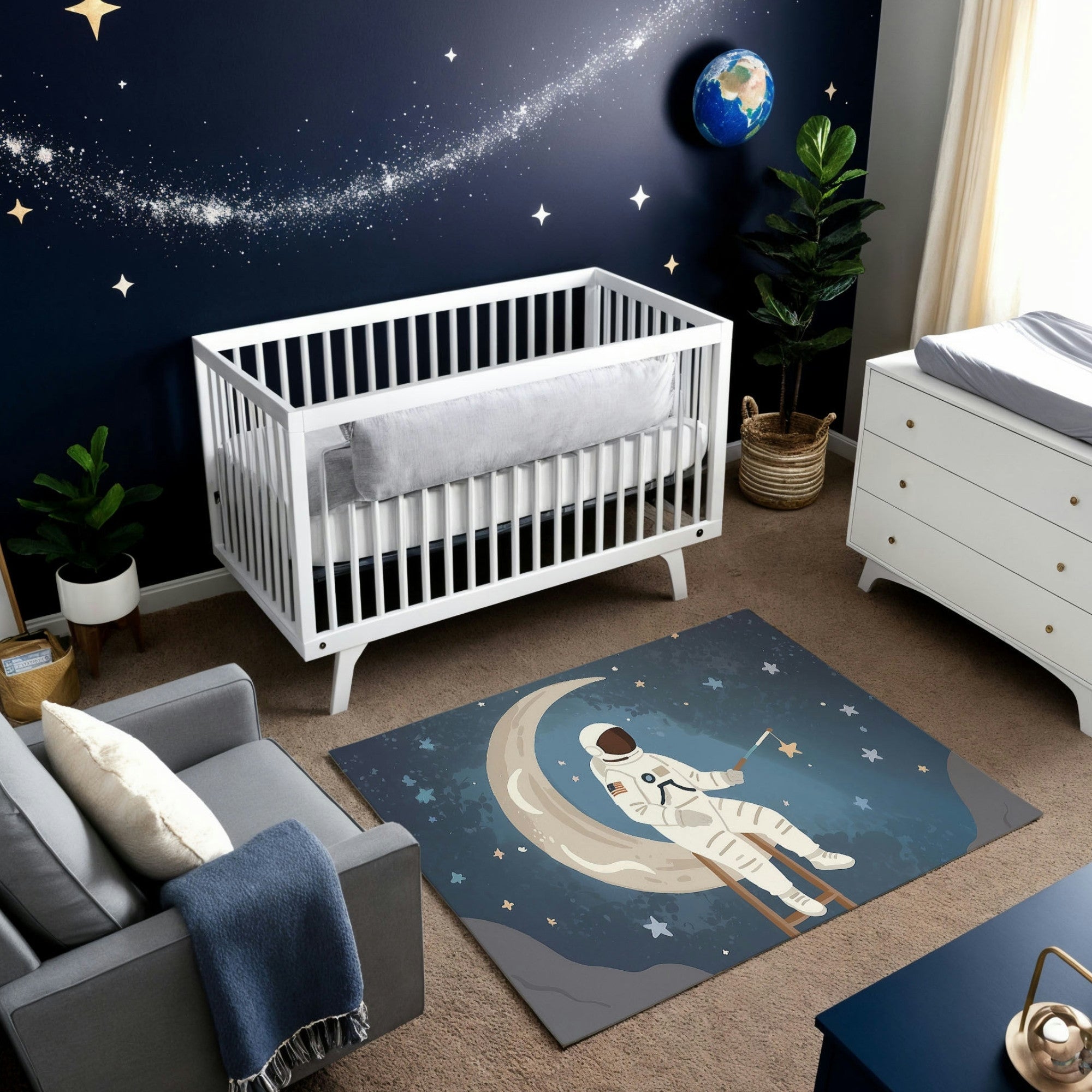 This nursery features a captivating space theme with deep navy walls decorated with stars, a sweeping galaxy mural, and a hanging globe of Earth. A sleek white crib and matching dresser provide a modern touch, while a gray armchair with a cozy blanket adds comfort. The highlight of the room is a whimsical rug depicting an astronaut sitting on a crescent moon, holding a star, surrounded by a dreamy star-filled sky. Potted plants and soft natural light balance the celestial vibe, creating a serene and imagina