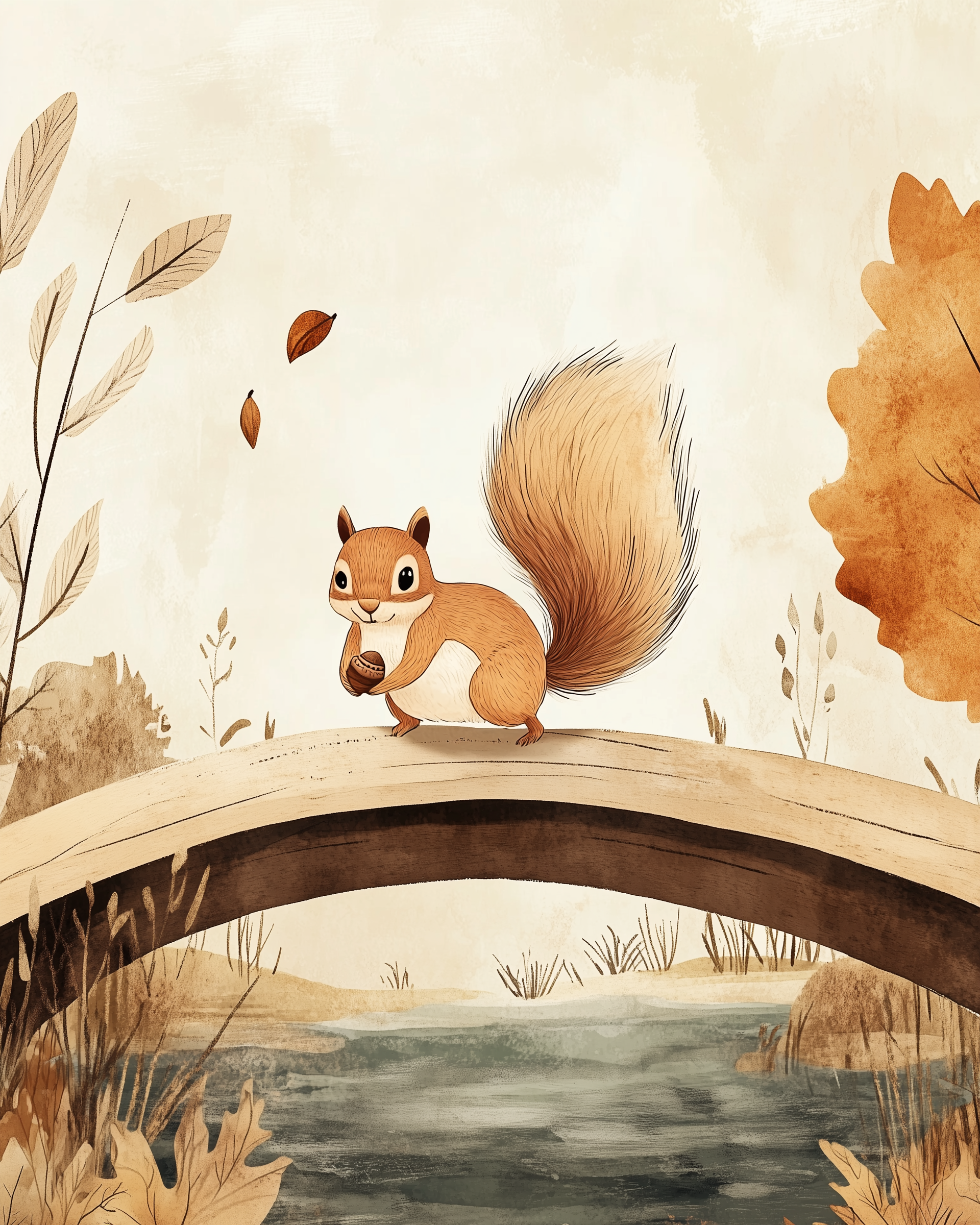 Meadow Squirrel Wall Art for Nursery, Playroom or Kids Bedrooms - Fluffy Tail on Bridge with Autumn Leaves - Nutty Tales