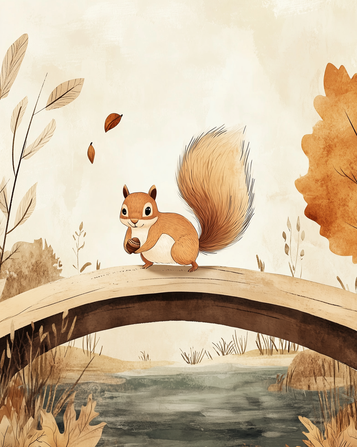 A cheerful squirrel with a fluffy tail stands on a curved wooden bridge holding an acorn, surrounded by falling autumn leaves. The scene features earthy tones and a calm stream below, capturing the cozy charm of a fall day in the forest.