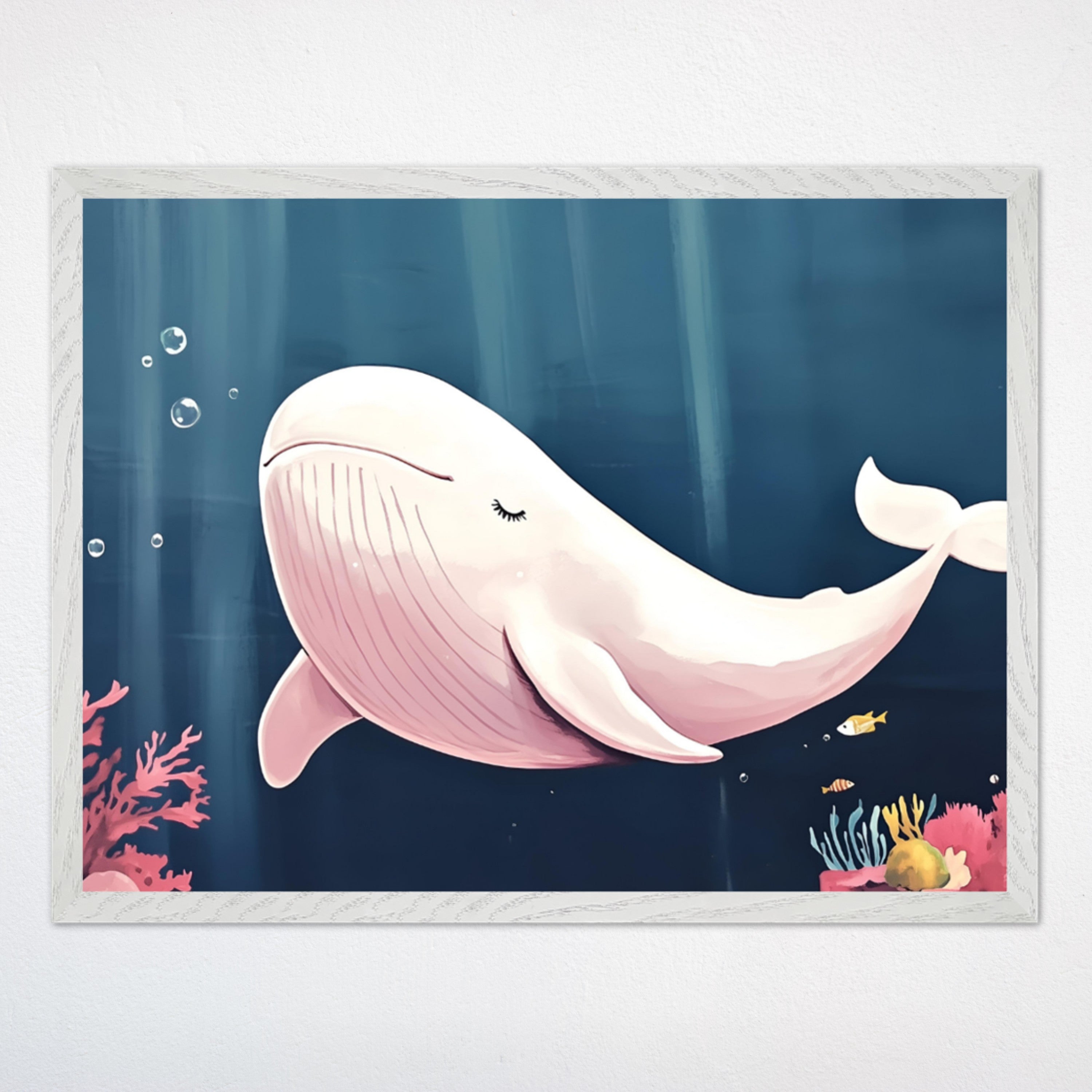 Whale Wall Art for Nursery, Playroom or Kids Bedrooms - Cute Pink Whale with Coral Reef Underwater Scene - Serene Swim