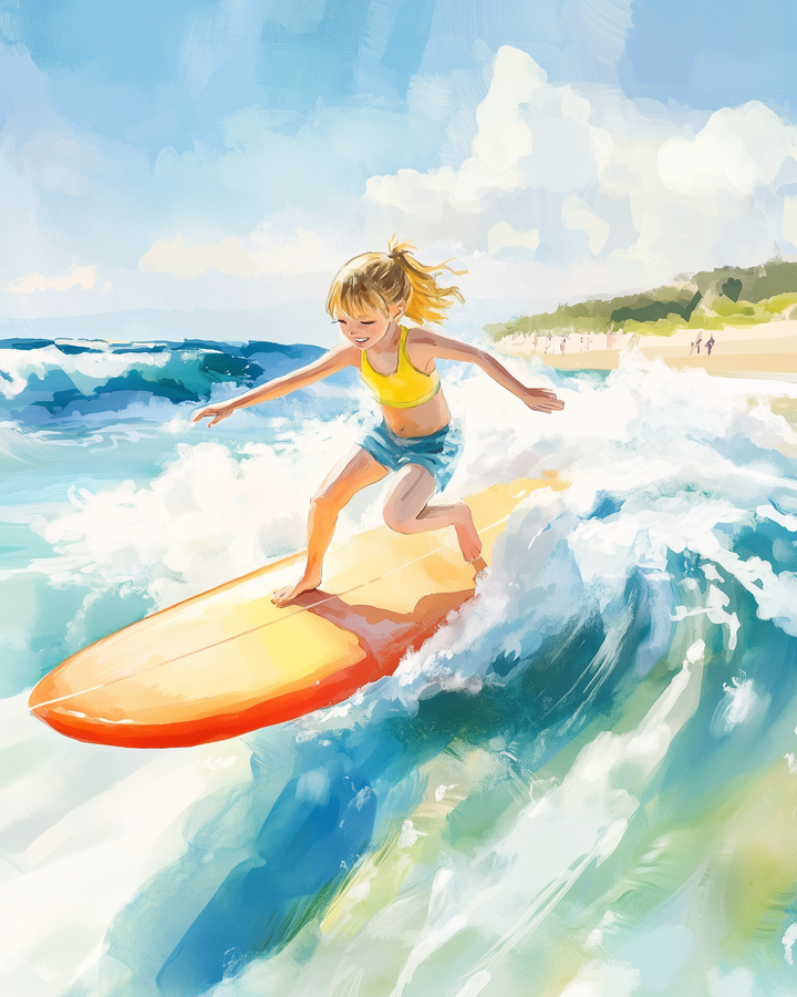A young girl with a ponytail surfs a vibrant turquoise wave on a yellow and orange board, wearing a yellow top and teal shorts. The sunny sky and sandy beach in the background highlight the energy and excitement of a perfect summer day on the ocean.