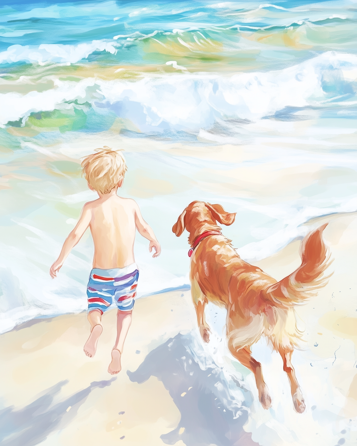 A young boy in striped swim trunks runs joyfully alongside a golden retriever toward the ocean waves. The sunlit beach and turquoise sea capture a perfect moment of playful summer fun and companionship.
