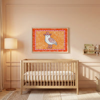Whimsical animal cowboy owl wall art hanging above a light wood crib in a cozy minimalist nursery.