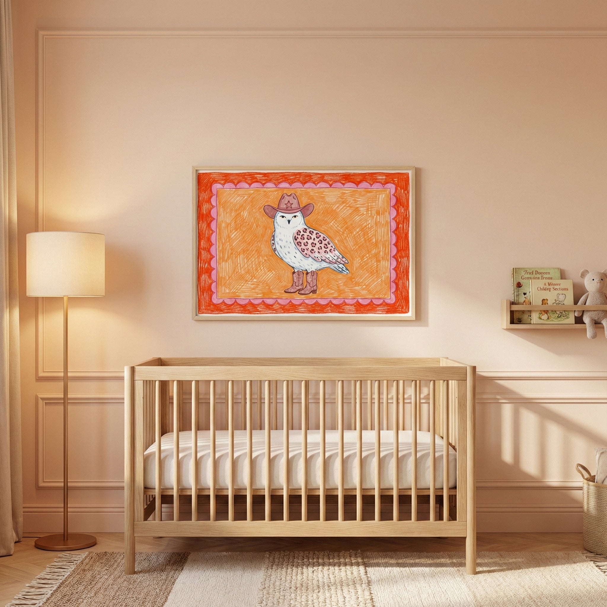 Whimsical animal cowboy owl wall art hanging above a light wood crib in a cozy minimalist nursery.