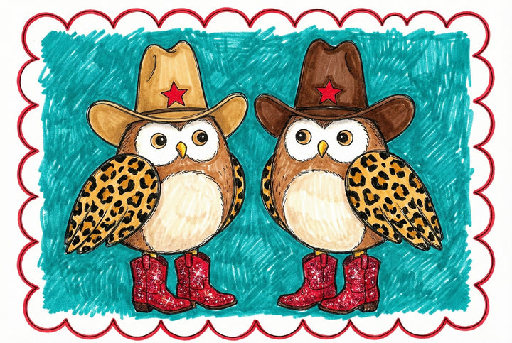 Two cartoon owls with leopard-print wings and red sparkly cowboy boots wear star-stamped hats and stand side-by-side on a teal background framed in red and white scallops.