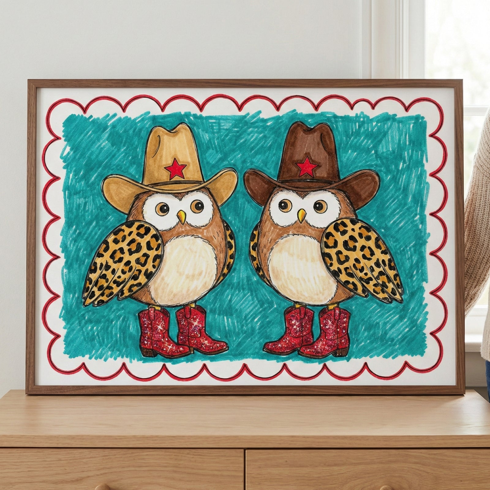 Framed western cowboy owl wall art in a brown wood frame, resting on a wooden surface and partially held by a person's hand against a white wall.