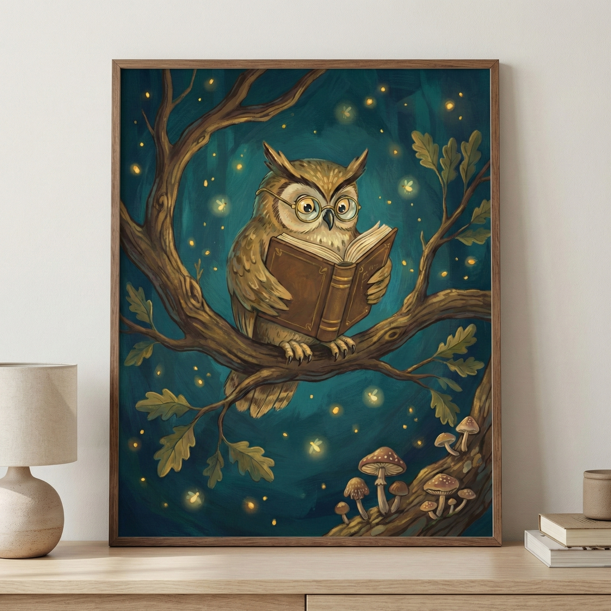 Framed whimsical woodland owl wall art displayed on a light wooden sideboard alongside a table lamp and a stack of books against a neutral wall.