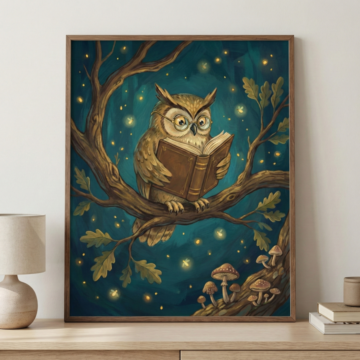 Framed whimsical woodland owl wall art displayed on a light wooden sideboard alongside a table lamp and a stack of books against a neutral wall.