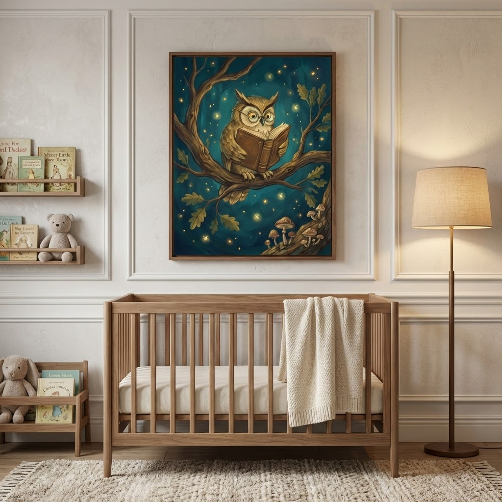 Whimsical woodland owl wall art hanging above a light wood crib in a cozy nursery.