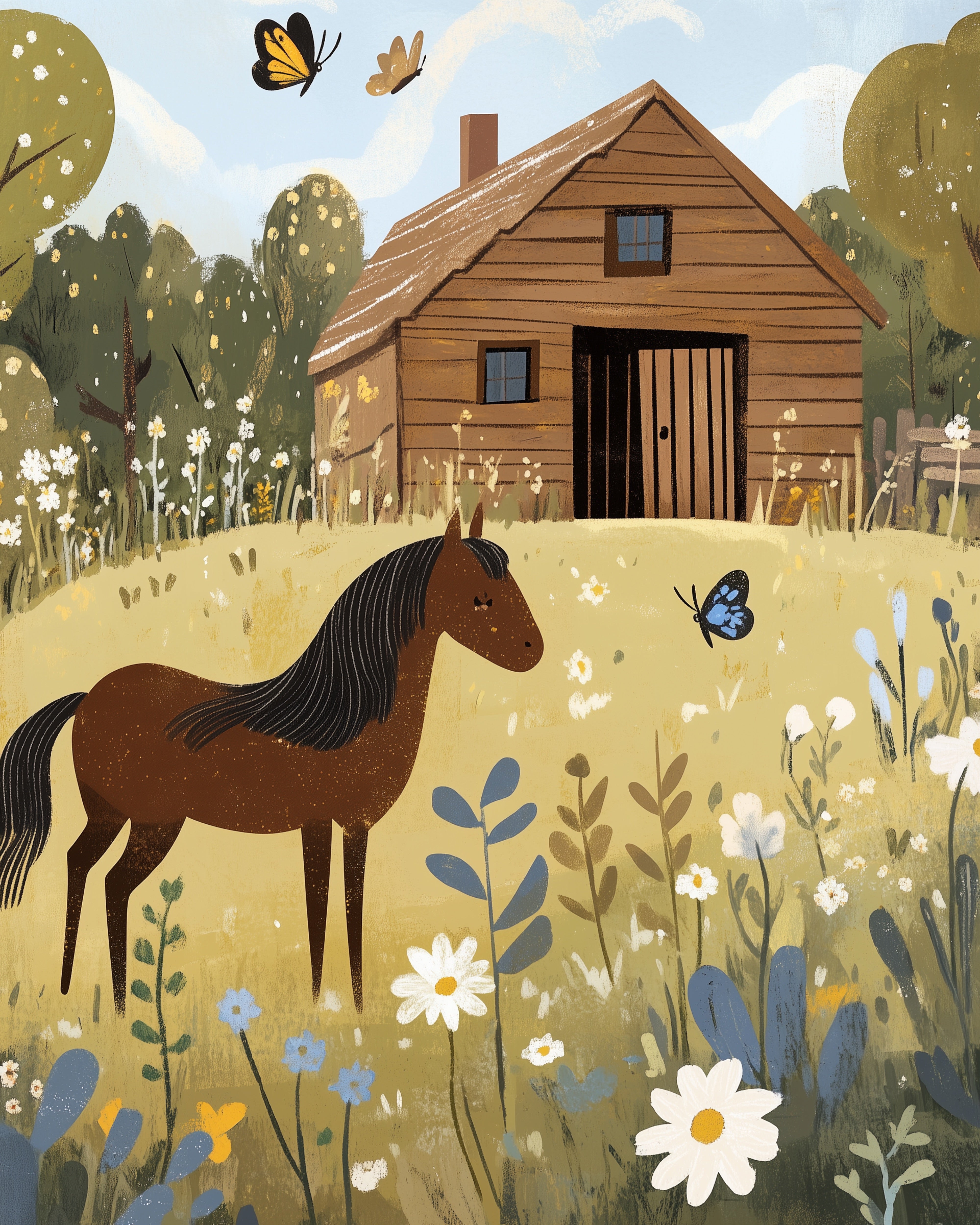  Rustic scene featuring a brown horse standing in a flower meadow in front of a wooden barn, while colorful butterflies flutter nearby.
