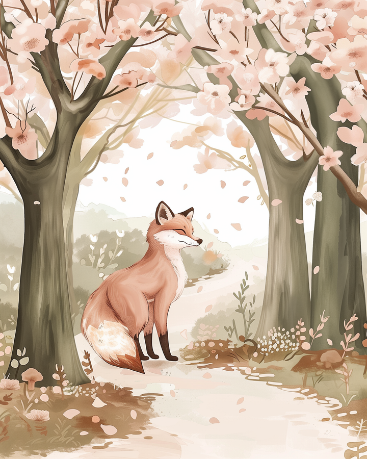 A serene fox with a fluffy white-tipped tail stands calmly on a winding forest path, surrounded by tall trees blooming with soft pink cherry blossoms. Petals drift gently through the air, creating a peaceful and magical springtime woodland scene.