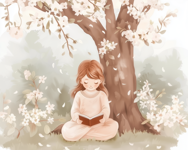 A young girl sits peacefully beneath a blooming cherry blossom tree, reading a book as petals gently fall around her. Surrounded by soft greenery and delicate white flowers, the scene radiates calm and quiet joy in a dreamy spring setting.