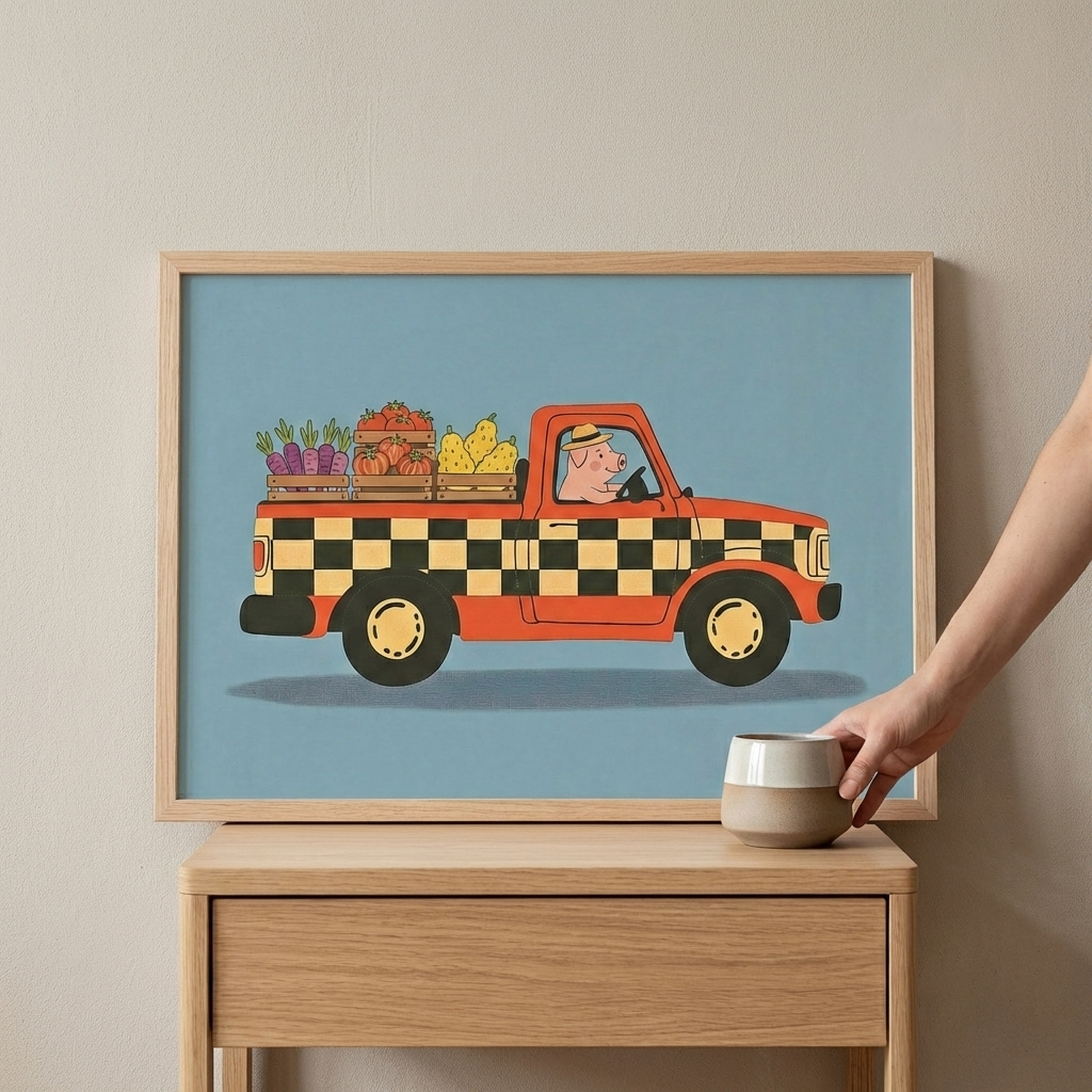 Framed wall art featuring a pig driving an orange car-like truck full of vegetables, with a light wood frame being held by a hand on a wooden table. This animal-themed artwork is displayed against a neutral background wall.