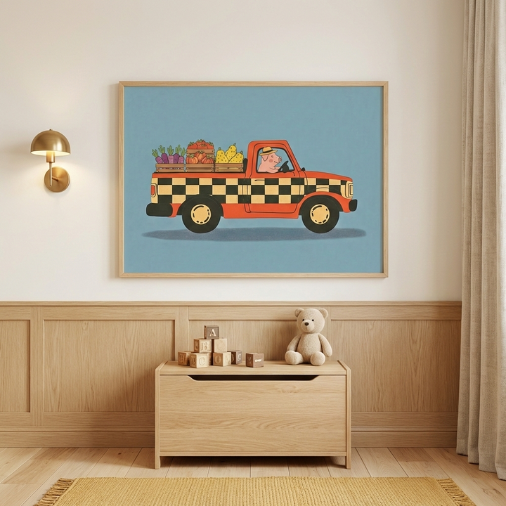 Whimsical pig animal driving a checkered harvest car wall art hanging above a light wood toy chest in a cozy nursery.