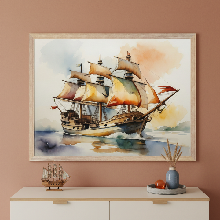 Modern room with a light-colored dresser. A large framed watercolor painting of a multi-masted sailing ship with colorful sails on water hangs centered above the dresser. A small model ship and a vase with wheat are on the dresser.