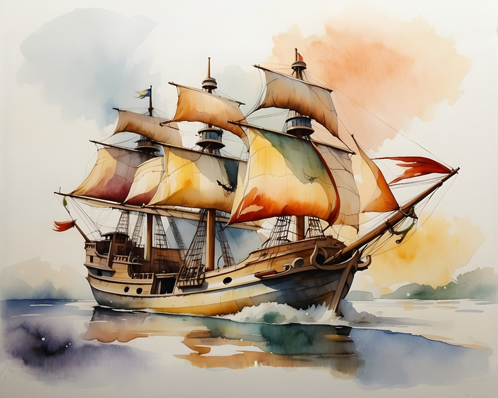 A vibrant watercolor painting of a majestic sailing ship with billowing multicolored sails navigating calm waters, set against a softly blended sky in shades of orange and blue.