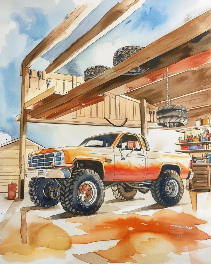 A lifted orange and white vintage pickup truck with oversized off-road tires is parked inside a well-organized garage. The scene includes tools hanging on the walls, spare tires stored on ceiling beams, and warm sunlight casting shadows across the stained concrete floor.