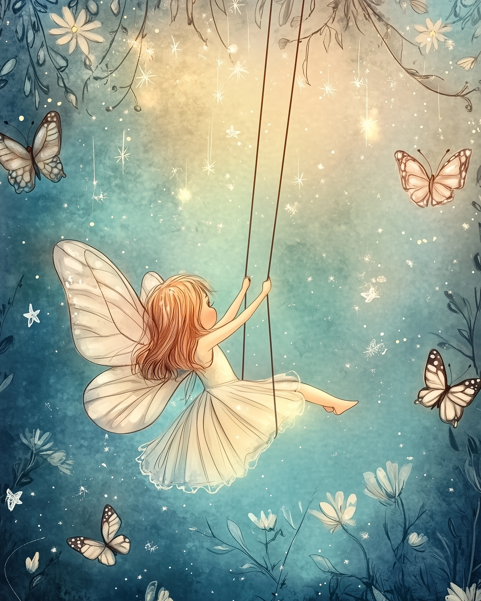 A whimsical fairy with translucent wings and flowing red hair swings joyfully from a tree branch in a glowing, star-speckled sky. Surrounded by butterflies and twinkling lights, she floats above a dreamy field of wildflowers in a magical twilight setting.