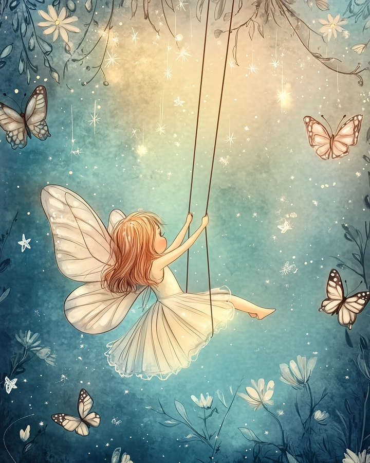 A whimsical fairy with translucent wings and flowing red hair swings joyfully from a tree branch in a glowing, star-speckled sky. Surrounded by butterflies and twinkling lights, she floats above a dreamy field of wildflowers in a magical twilight setting.