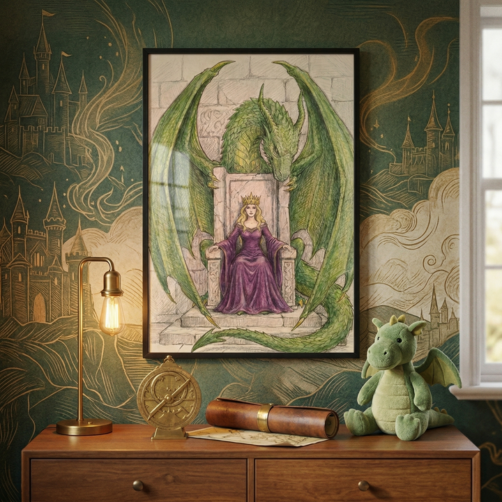 A framed illustration hangs on a dark green wall adorned with intricate gold line-art patterns of castles and swirling clouds. The central artwork depicts a queen in a purple gown and golden crown seated on a stone throne, with a massive green dragon towering behind her, its large wings spread wide. Below the frame, a wooden dresser holds several fantasy-themed items: a brass lamp with an exposed vintage-style bulb, a small golden astronomical instrument.