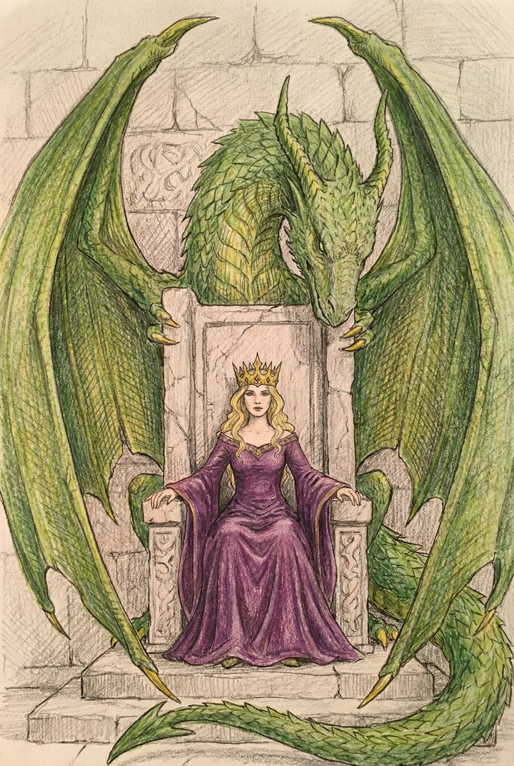 Fantasy wall art print of a crowned woman in a deep purple gown seated on a stone throne while a large green dragon rises behind her with its wings spread wide around the chair. The dragon frames her like a guardian against a castle stone backdrop, giving the scene a regal and powerful storybook feel.
