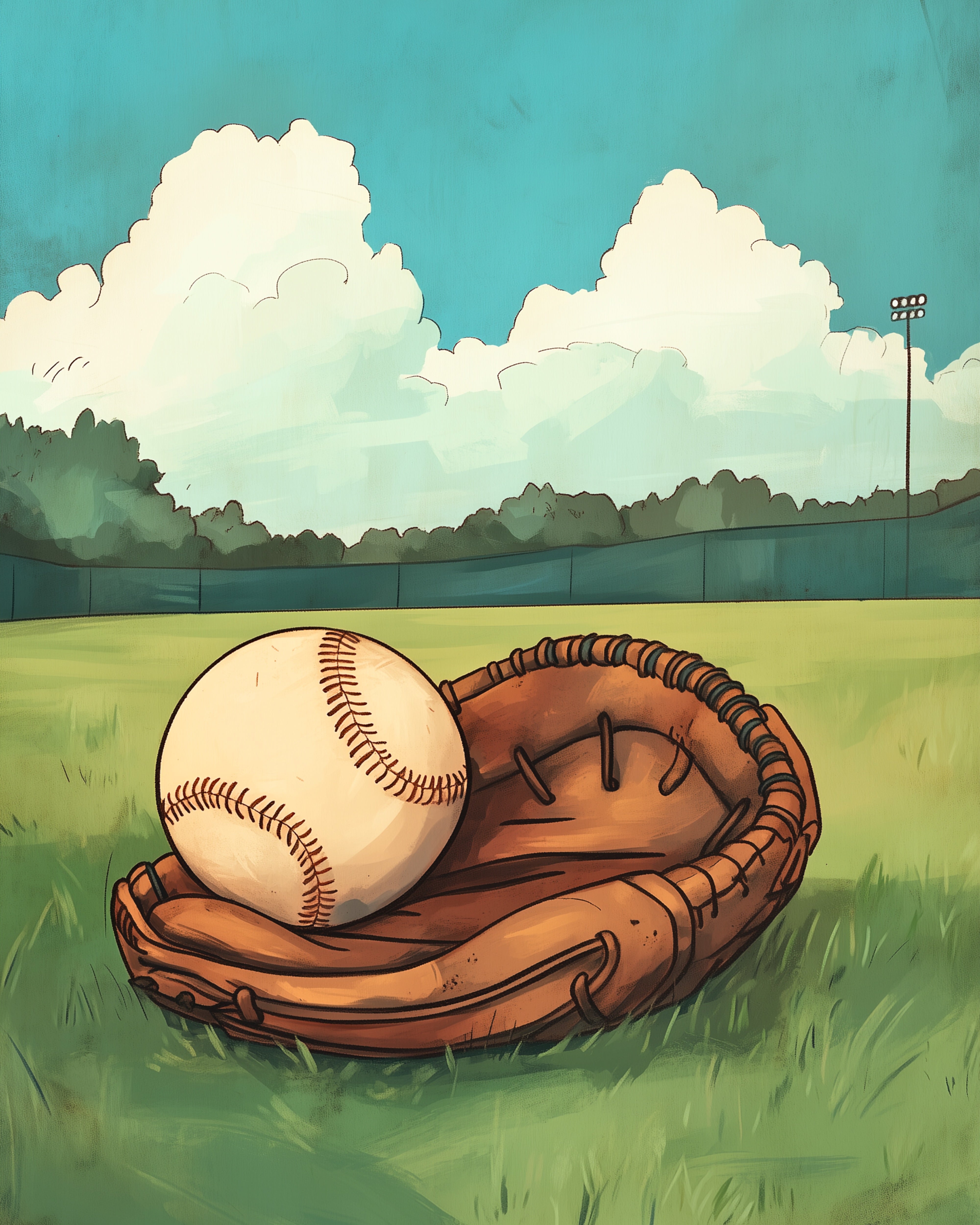  Close-up of a worn brown baseball glove with a clean white baseball resting inside, set on bright green grass under a clear sky.
